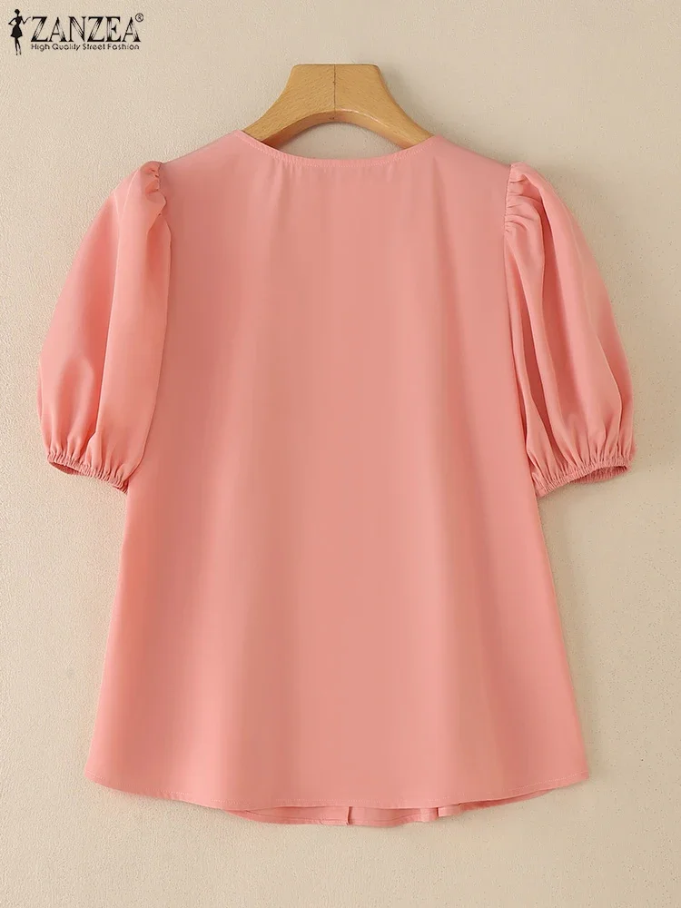 ZANZEA Women Shirts Pleated Summer Tops Vintage Short Sleeve Chiffon Blusas Solid Color Tunics 2025 Casual O Neck Pullover S-3XL
