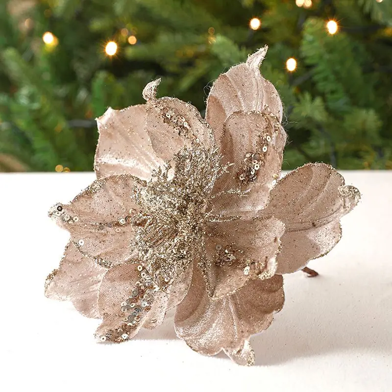 Large Glitter Artificial Christmas Flowers DIY Fake Flowers Xmas Tree Ornaments For Home New Year Decoration Supplies