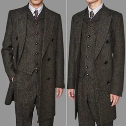 Long Style Mans Coffee Colorful Herringbone Vintage  Vested Suits Prom Dresses Groom Wear 3pcs Peaky Blinder(Jacket+Vest+Pant)