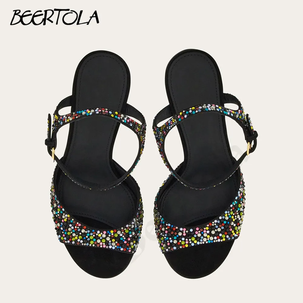 Women's Colorful Crystal Sandals Summer Hollow Cage Heels Versatile Sexy Buckle High Heels Rhinestone Large Size Sandals