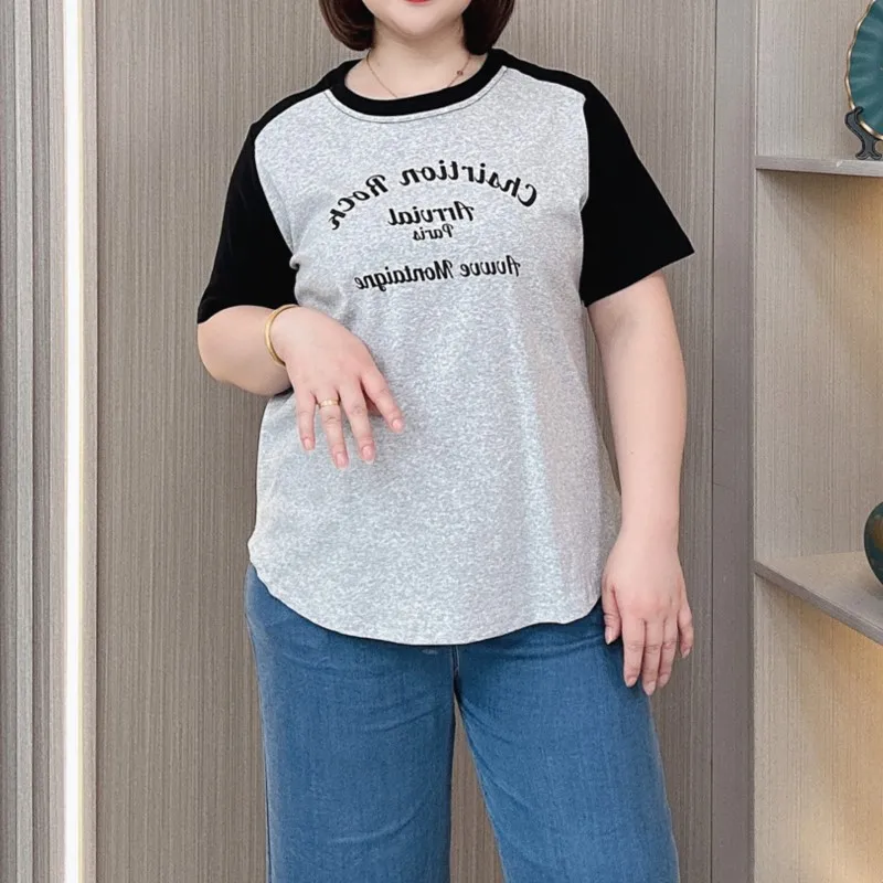 

Match Color Round Neck T-shirt Women Summer 2024 New Plus Size Loose Thin Combed Cotton Casual Short Sleeve Tees