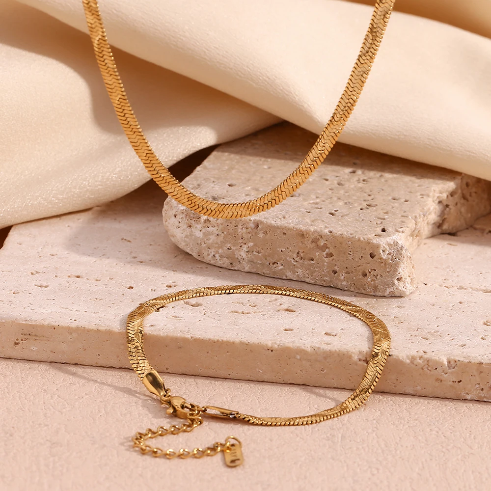 Women's 18K Gold Plated Waterproof Snake Bone Stackable Necklace Bracelet Set