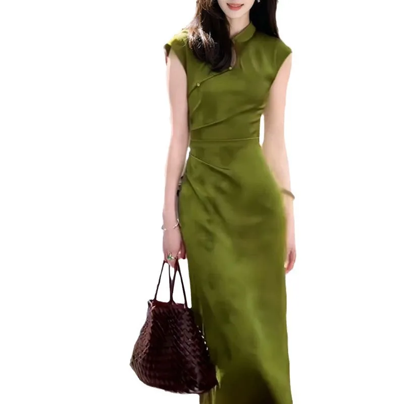 2024 New Green Chinese Style Cheongsam Vintage S To XXL Sleeveless Qipao Women Elegant Evening Long Dress High Quality view 3