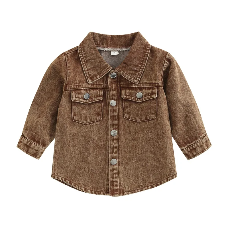 Spring Autumn Kids Boys Denim Shirt Turn-Down Collar Jacket Retro Jeans Coats Children Brown Denim Outerwear Costume