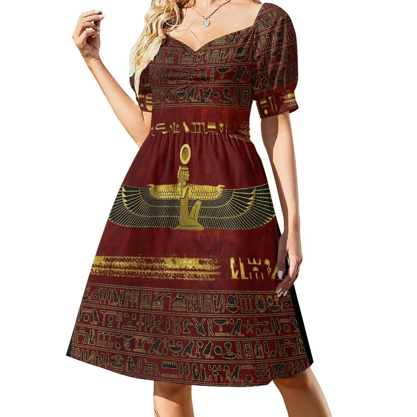 

Golden Egyptian God Ornament on red leather Short Sleeved Dress Summer skirt Clothing Dress