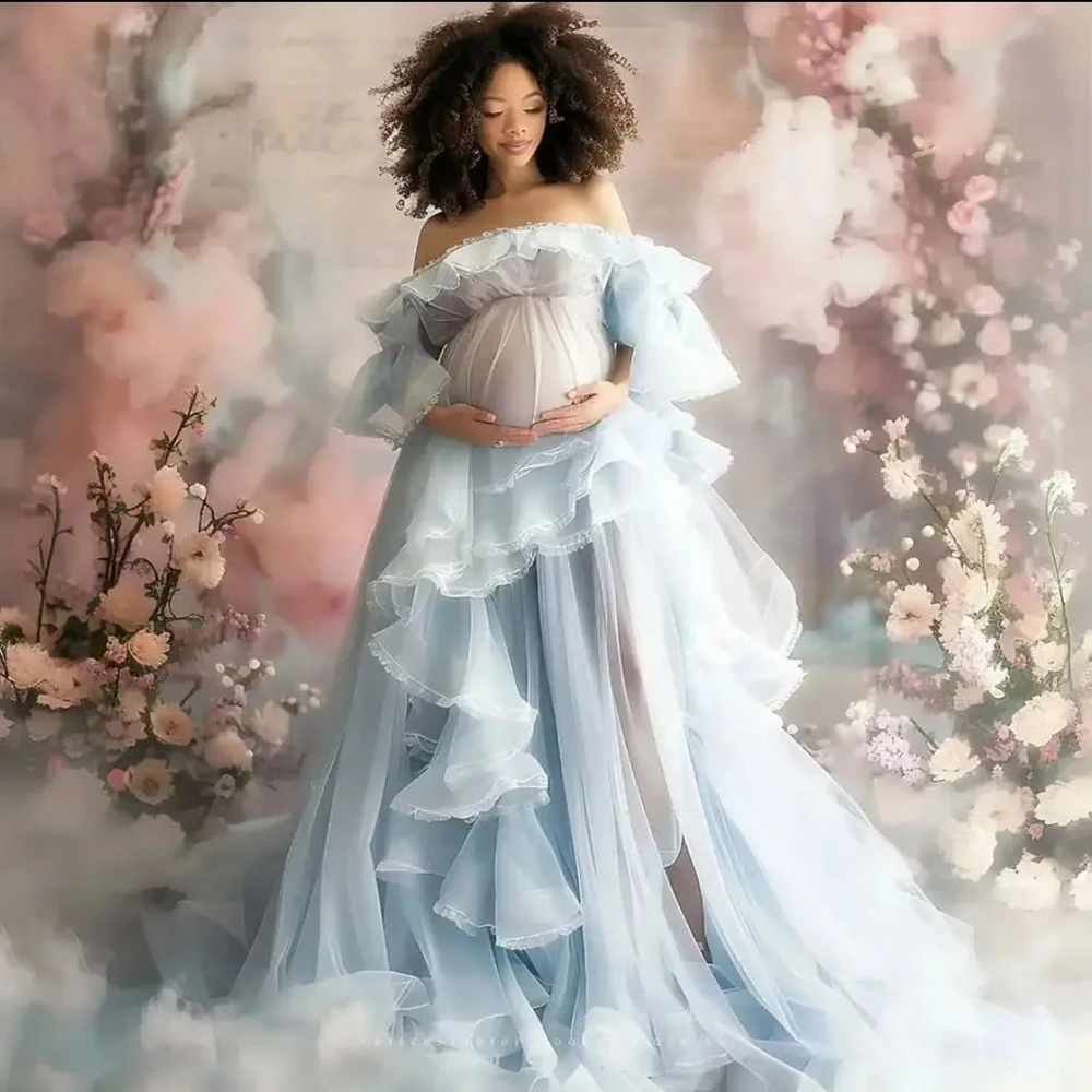 

Dreamlike Mesh Lace Maternity Dresses Boat Neck Ruffles Tiered Tulle Puffy Pregnant Women Gowns Cute Fluffy Photo Shoot Dresses