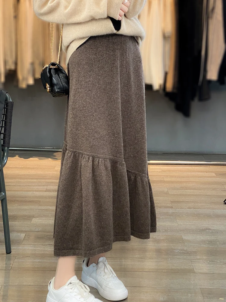 100% Wool Fishtail Skirt Ladies New Autumn Long Skirt Fashion All-match Knitted Pleated Skirts Elastic High Fanny Pack Hip Skirt