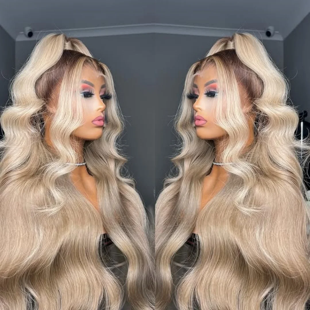 Dark Root Ash Blonde 13x4 Hd Lace Frontal Wig Synthetic Ombre Blonde Lace Front Wigs Long Body Wave For Women Wedding Party
