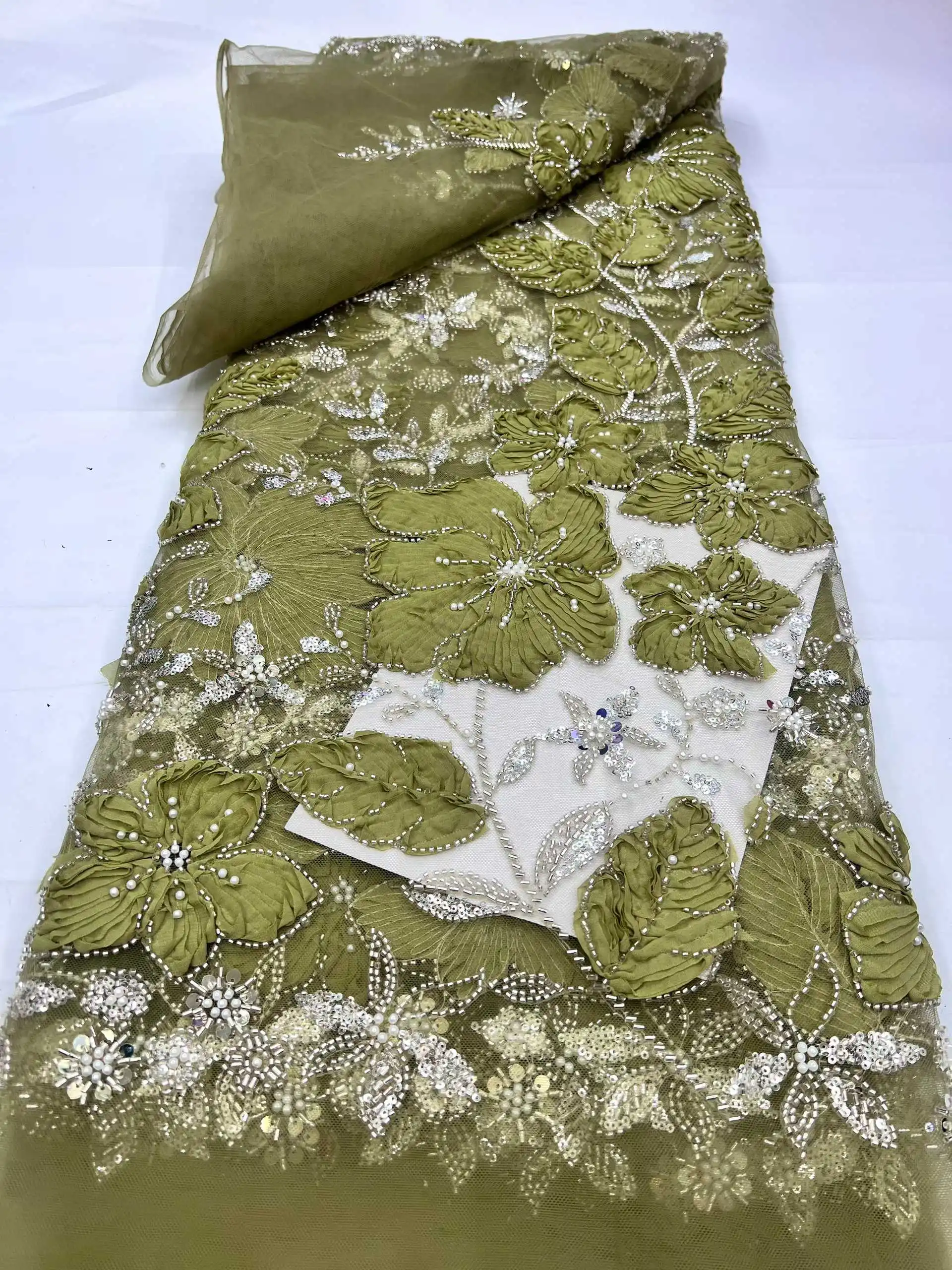 高級アフリカビーズレース生地 2025 高品質フランス刺繍スパンコールレース生地 クリスマス縫製用