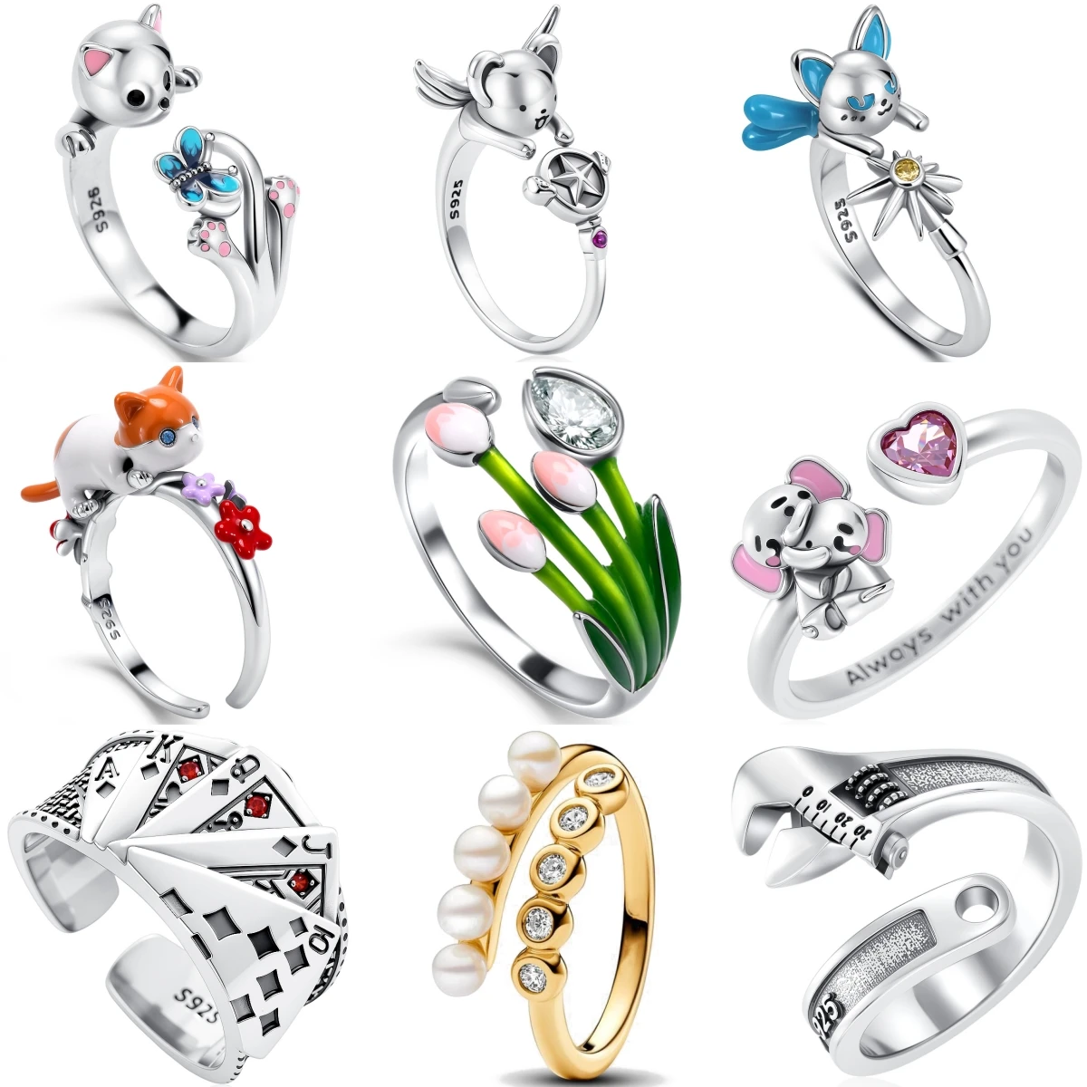 925 Silver Enamel Cartoon Cat Elephant Rabbit Tulip Pattern Ring For Women Jewelry Open Design Wedding Party Fashion Gift