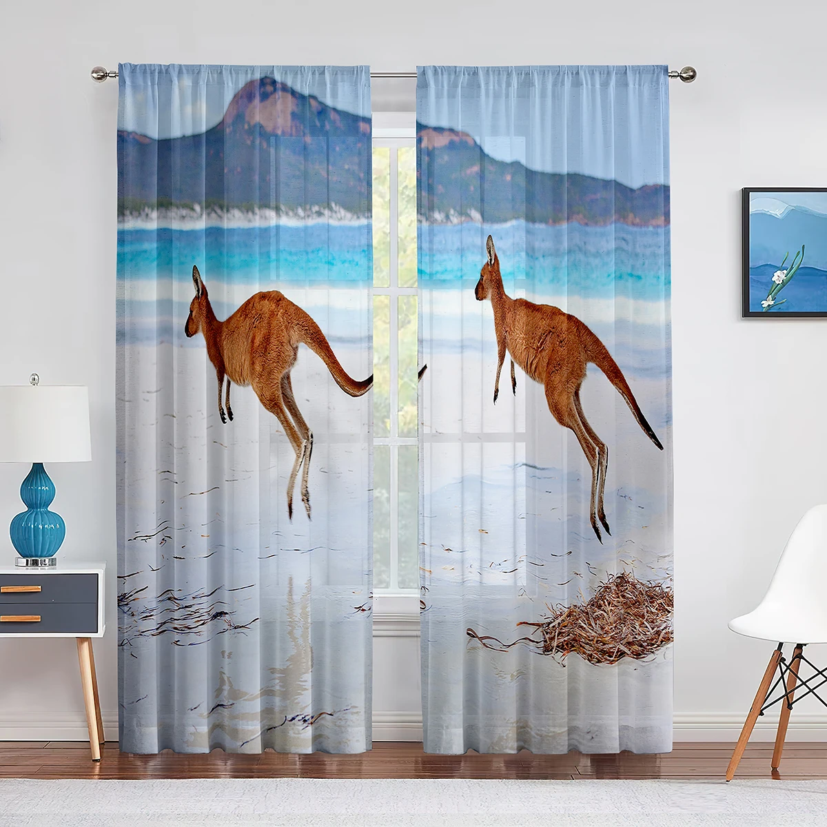 Kangaroo Beach Seaside Animal Sheer Window Curtains for Bedroom Drapes Home Decor Tulle Curtains for Living Room Chiffon Curtain