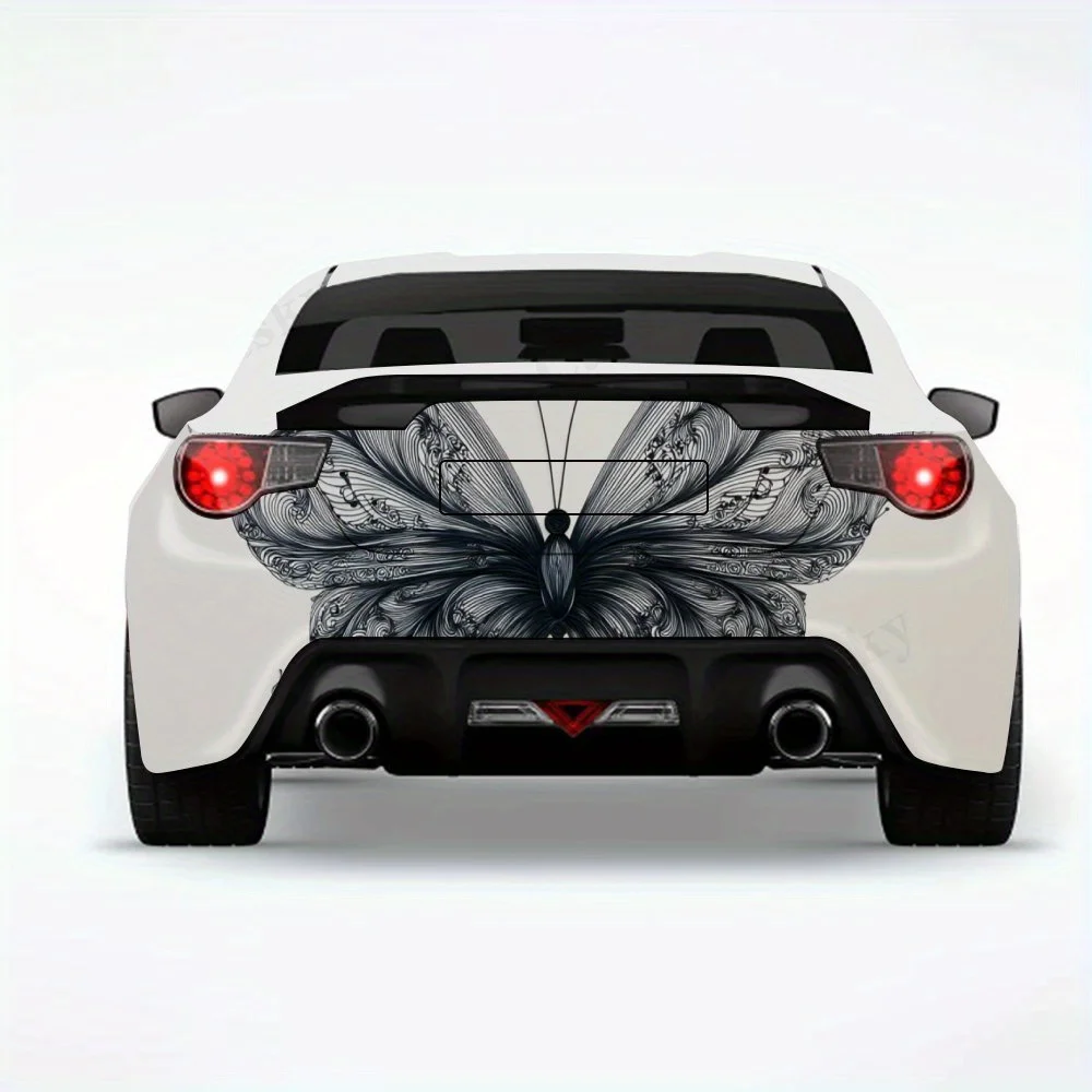 فراشة أنيقة باللونين الأبيض والأسود، ملصق فينيل لخلف السيارة، ملصقات فينيل ذاتية اللصق مقاومة للماء لذيل السيارة والمصد #1