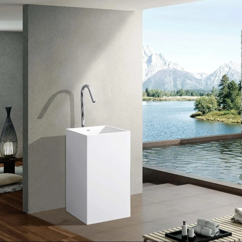 

Rectangle Customized Orange Color Modern Solid Surface Artificial Stone Pedestal Sink Bathroom Freestanding Basin