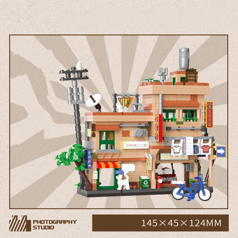 Creatief China City Street View Mini Blok Kapsalon Videowinkel Spelwinkel Fotostudio Bouw Bouwsteen Speelgoed