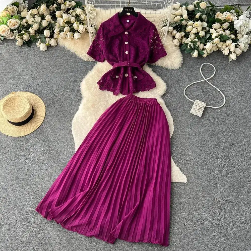 

Sexy Two Pieces Sets Chic Turn-down Collar Short Sleeve Top with Solid Pleated High Waist A-line Skirt Beach Vacation Sets