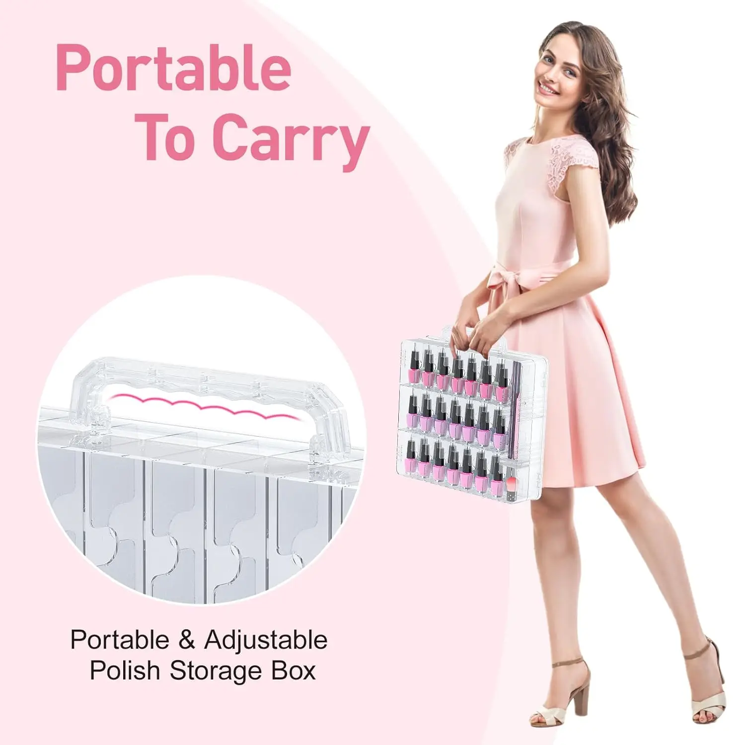 Portable Nail Polish Organizer, Clear, Double Side Nail Polish Holder, Gel Nail Storage, 48 Garrafas com 6 divisórias ajustáveis