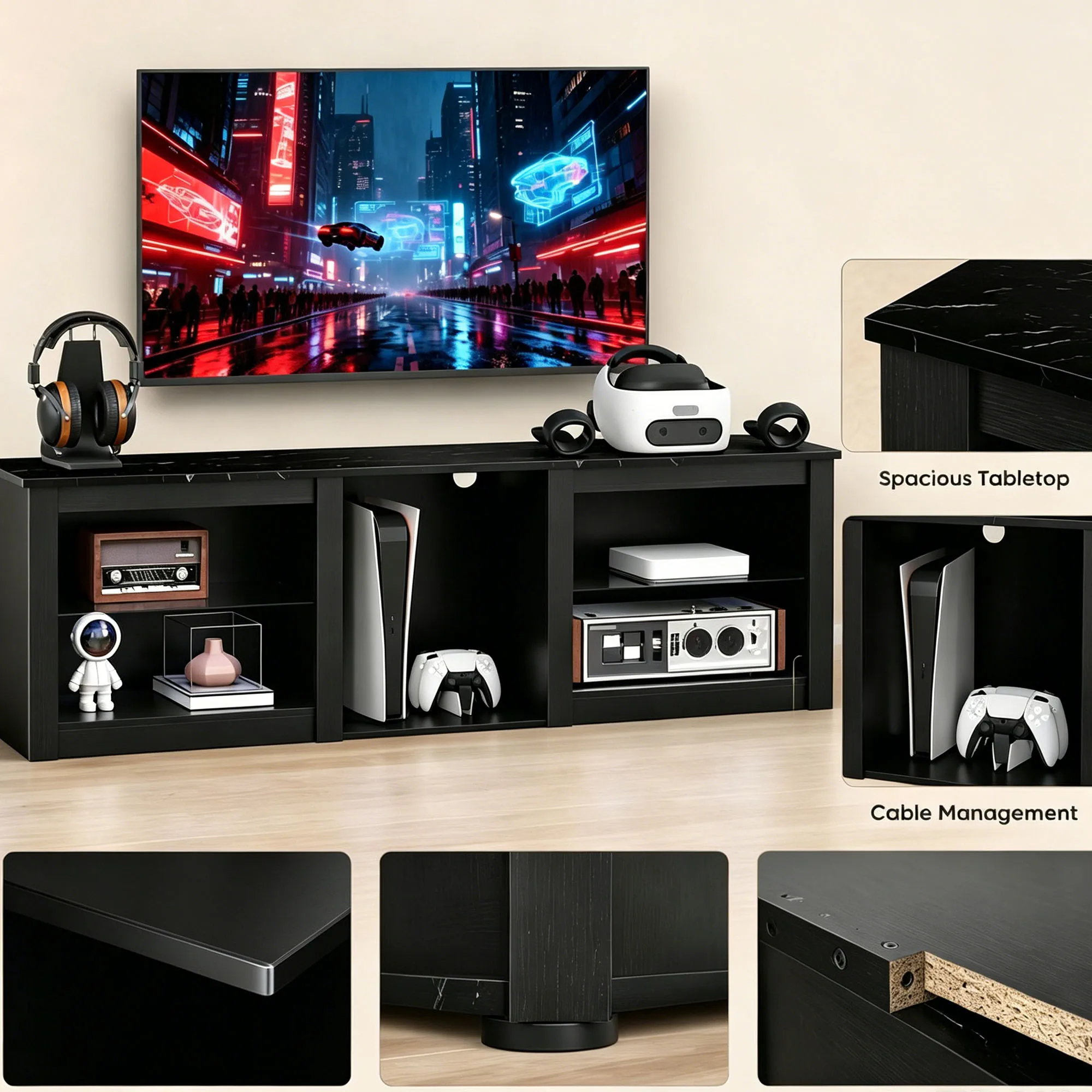 Meuble TV avec éclairage LED pour téléviseurs jusqu'à 65 pouces, 160 cm, avec étagères et verre réglables, noir. Il crée une zone de rangement pour appareils multimédias bien organisée pour les besoins quotidiens de visionnage et de divertissement de la famille.