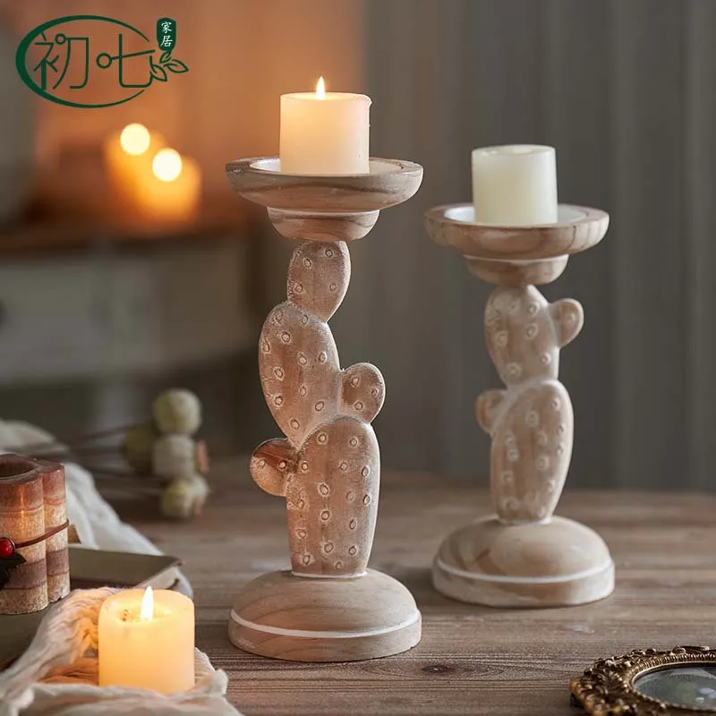 

Japanese Log Style Solid Wood Carving Candle Holder Cactus Personalized Creative Candle Base Christmas Decoration Ornament