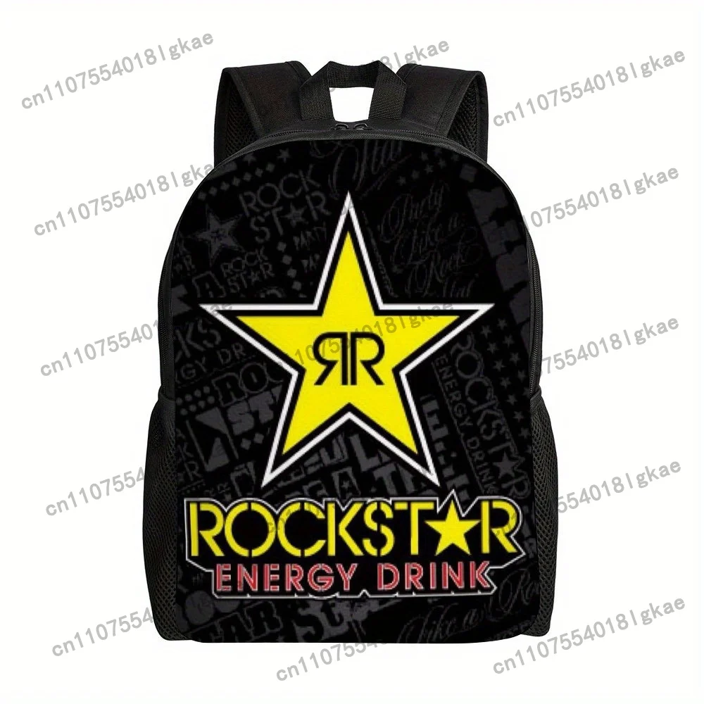 1pc Rockstar Energy Drink Backpack - Black with Yellow Star & Rock Design, Adjustable Shoulder Straps, Large Capacity Lightweigh