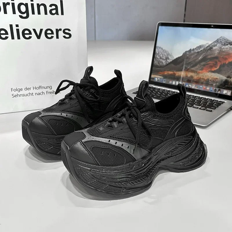 8cm Air Mesh Microfiber Leather Autumn Platform Vulcanize Women Chunky Sneaker Vulcanize Spring High Brand Comfort Shoes