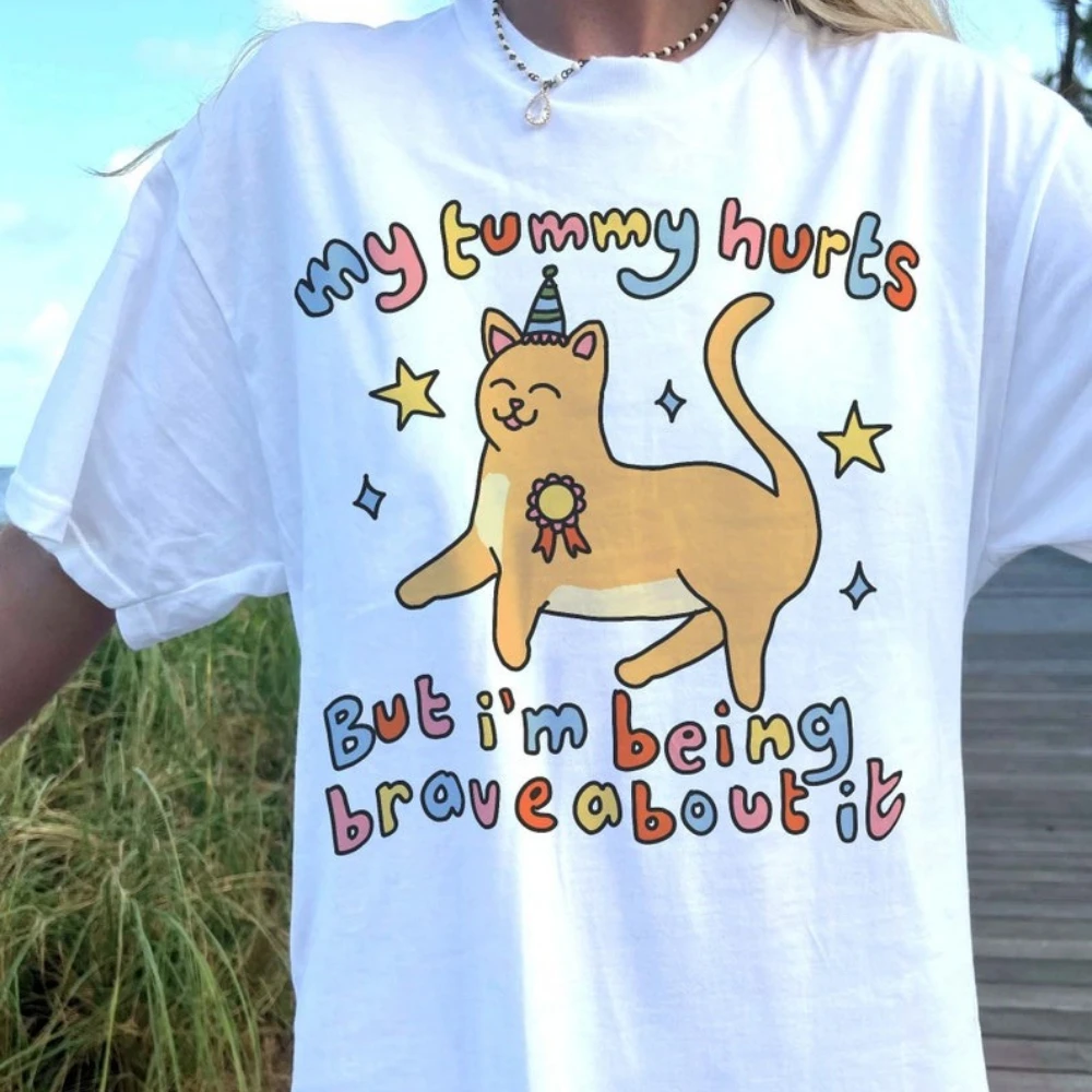 Funny Cat Graphic Tees My Tummy Hurts Brave Cat T Shirt Crying Cat Kidcore Unisex Positive Quote Sweatshirt 90s Graphic Tee