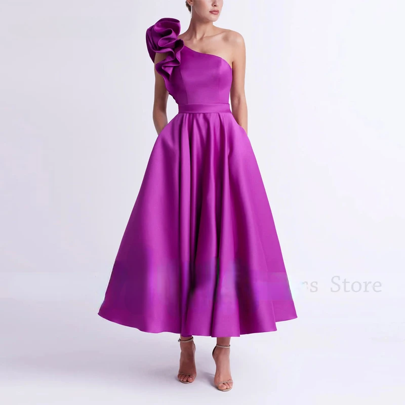 Customized Elegant Short Satin Evening Dresses 2024 One-Shoulder Tea Length Prom Vestidos Wedding Party Dresses With Pockets Ves