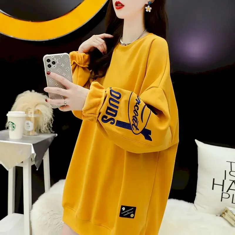Fashion Mid-length Pullovers Women Autumn Winter Trend Top Casual Loose Letter Embroidery Plus Fleece Pullover Aesthetic Clothes