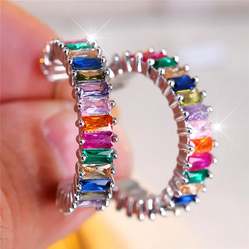 Luxury Female Rainbow Zircon Stone Clip Earrings Charm Silver Color Wedding Jewelry For Women