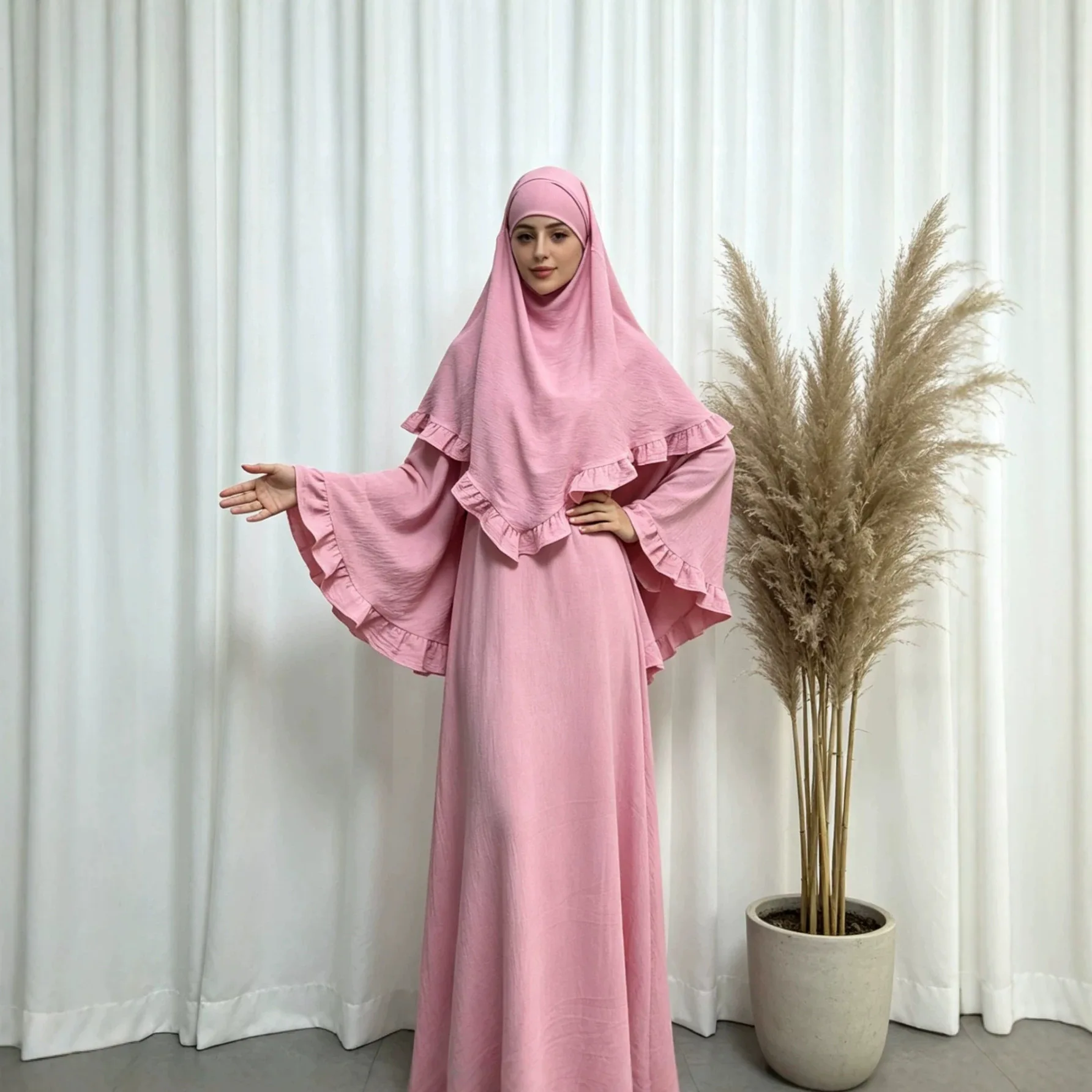 Dress Hijab 2 Piece Set Women Eid Muslim Abaya Dresses Modest Long Khimar Robe Jalabiya Ramadan Morocco Dubai Kaftan Vestidos