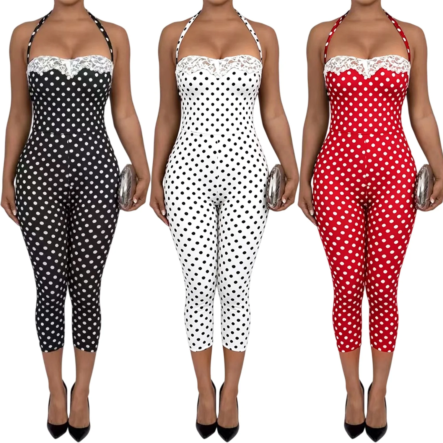 Polka Dot Patchwork Lace Trim Halter Tie Women's Top