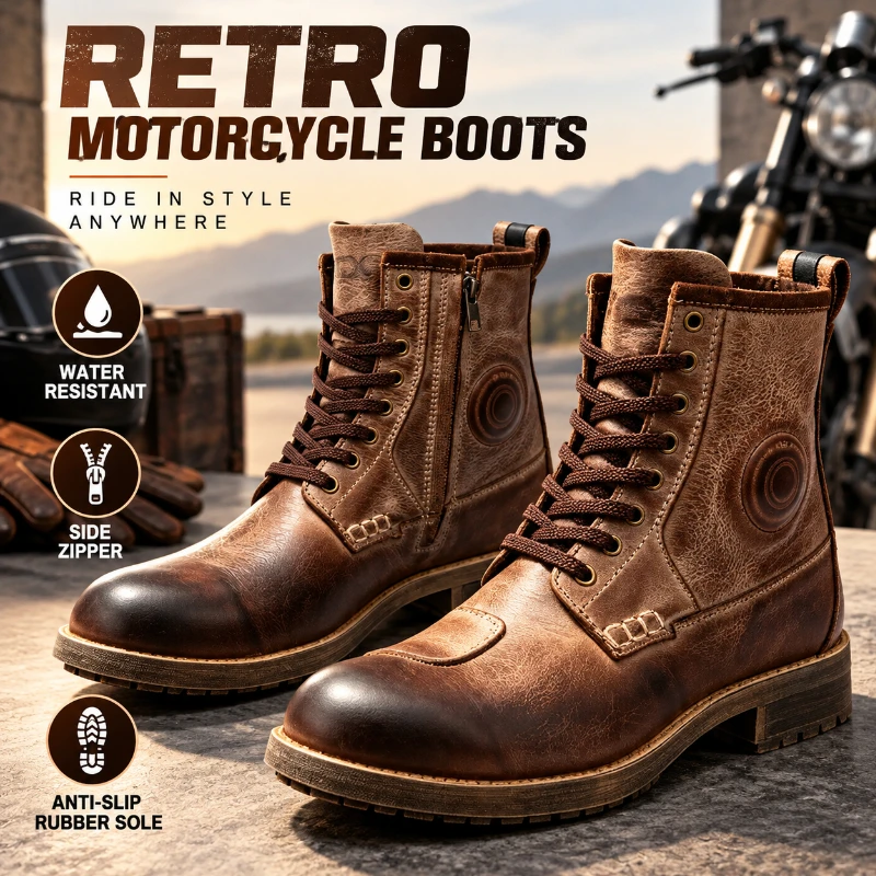 Men's Retro Motorcycle Riding Boots Leather Lace Up Side Zipper Water Resistant Anti-Slip Rubber Sole Ankle Boots