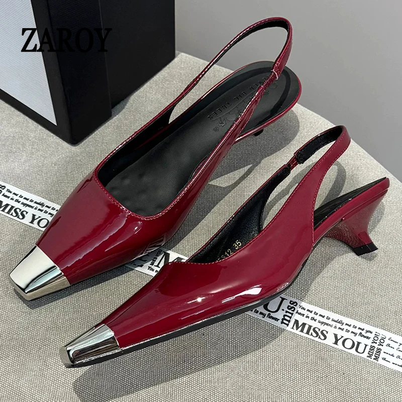 

ZAROY Slingback Pumps Thin Low Heel Women Sandals Summer Fashion Patent Leather Pointed Toe Sexy Party Heels Sandalias Zapatos
