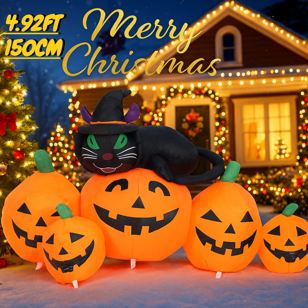 4,92 Fuß aufblasbares Halloween-Spielzeug, schwarze Katze, Kürbis mit LED-Leuchten, Hofschmuck, Rasen, Party-Dekoration, Heimbedarf, Ornamente
