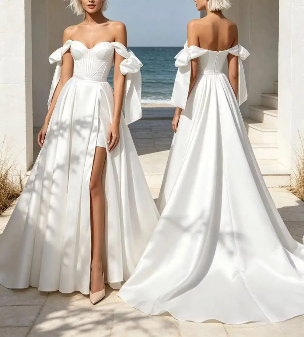 Customized Satin Off Shoulder Strapless Butterfly Sleeve Wedding Dress 2026 High Waisted A-line Bridal Gown Suitable for Gardens view 2