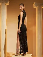 Lace Dresses For Women Fashion Sexy Elegant Solid Sleeveless Tank Hollow Out O-Neck High Side Split Slim Fit Long Vestidos Robes - Image 6