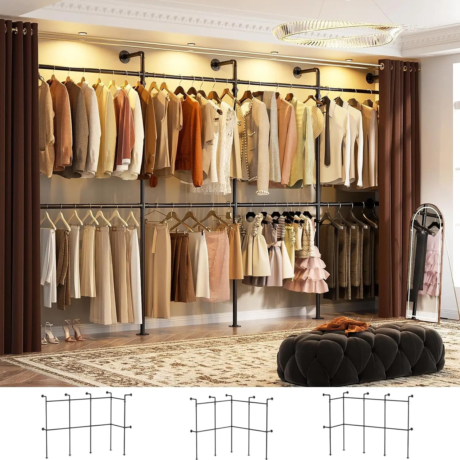 Aheaplus Industrial Pipe Clothing Rack, Reversible 13FT Clothes Rack for Hanging Clothes, Heavy Duty Garment Racks, Wall Mounted