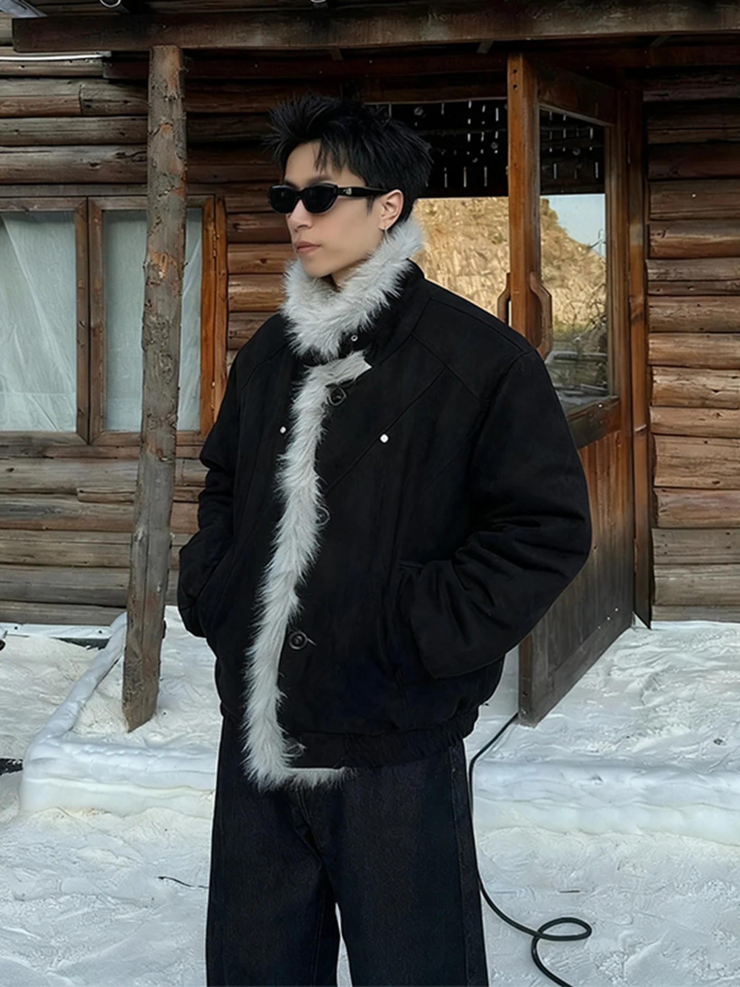 

American Sle Worn-In Suede Fur Collar Cotton Jaet Men's Winter Warmth Outerwear Stand Fit Youth Trendy Long Sve Zipper