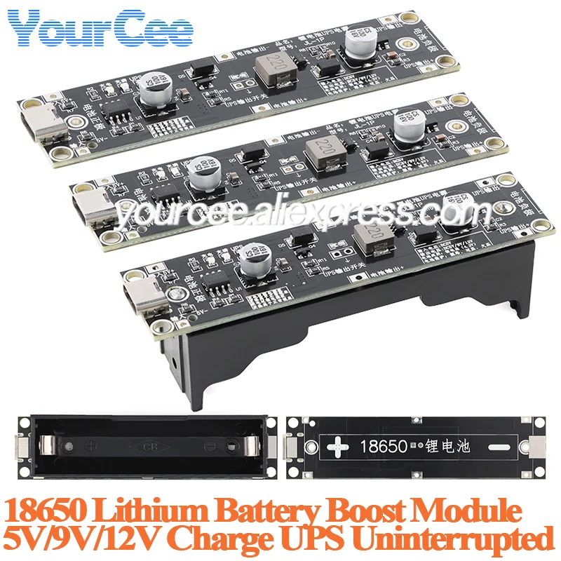 18650 Lithium Battery Boost Module 5V 9V 12V Charging UPS Uninterrupted Protection Charging Board Type-C With Battery Holder