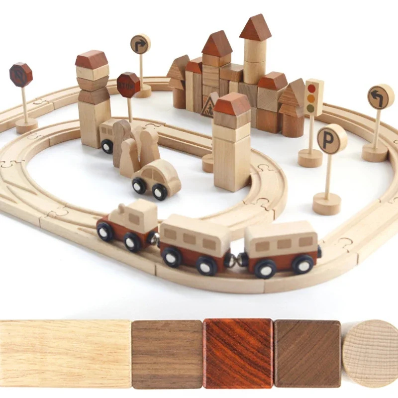 Diy drewniany samochód torowy zabawki dla dzieci prezenty świąteczne Puzzle montaż pociąg zestaw gier Montessori gry planszowe sensoryczne zabawki dla dzieci konstruktor