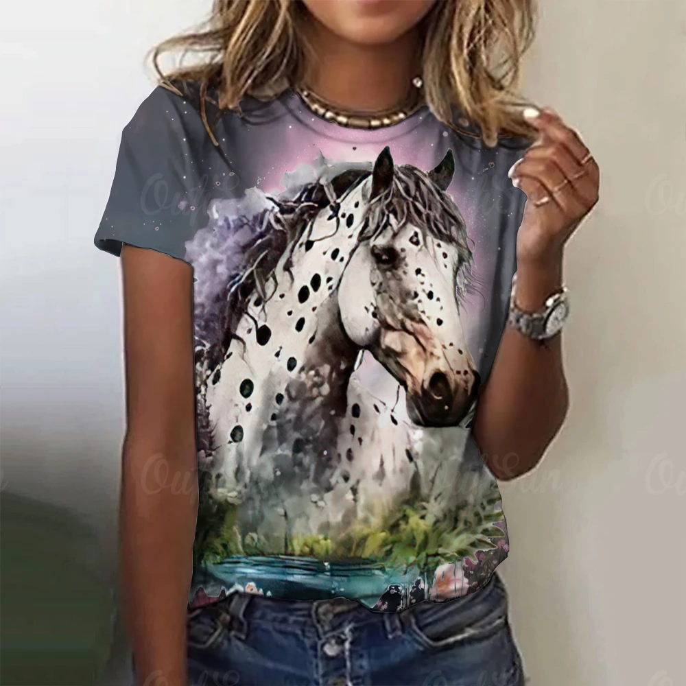 3D Animal Print New Women\'s T-shirts Casual Short Sleeves Horse Pattern Street Tees Tops Summer Loose Women Clothing Pullover