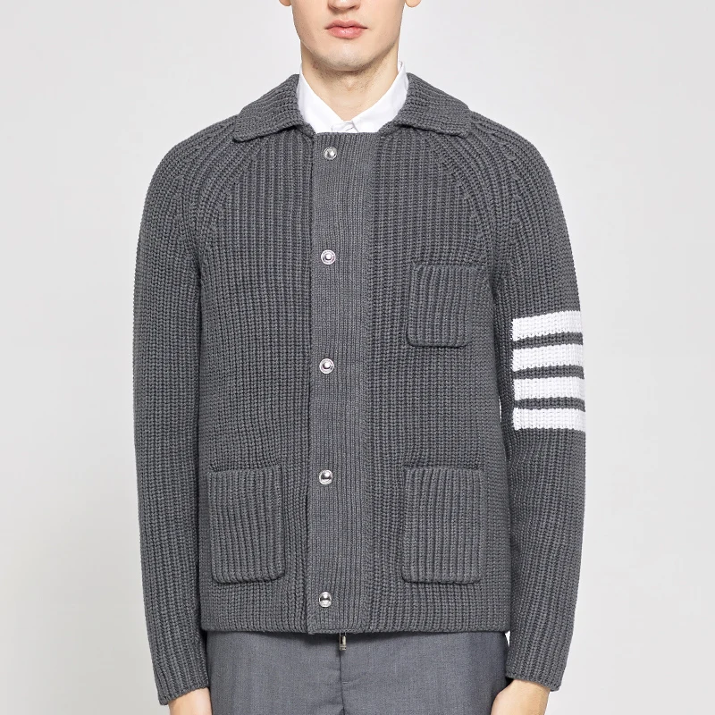 

Holy TB Sweaters Men's Winter Thickened And Warmth Wool Knit Cardigan Fashion Top Quality 4-Bar Striped Lapel THOM Coat
