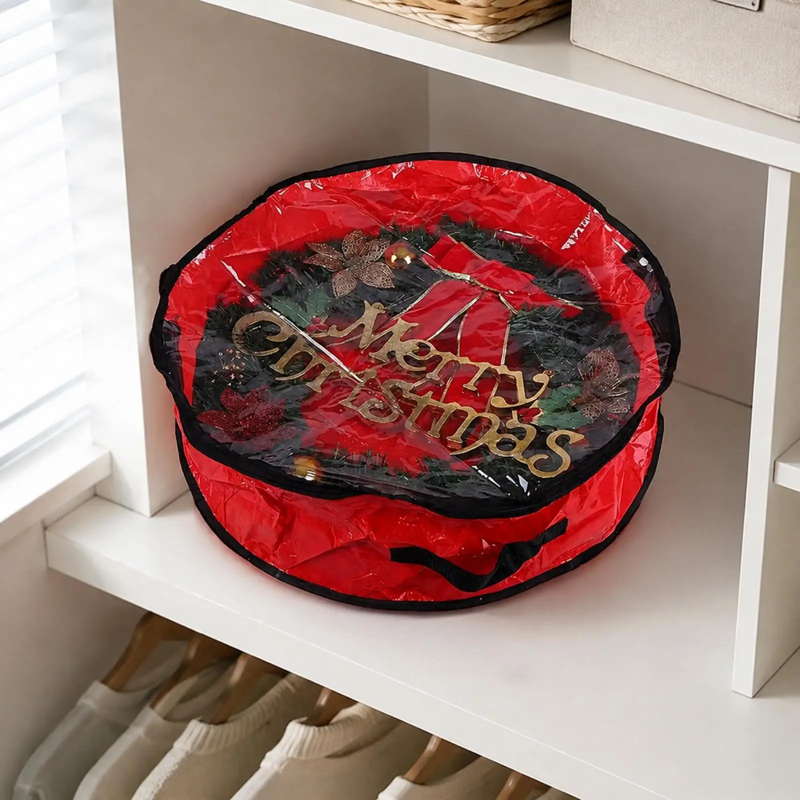 Soft Sided Wreath Storage Pouch with Handle and See Through Front for Christmas Wreath Organization