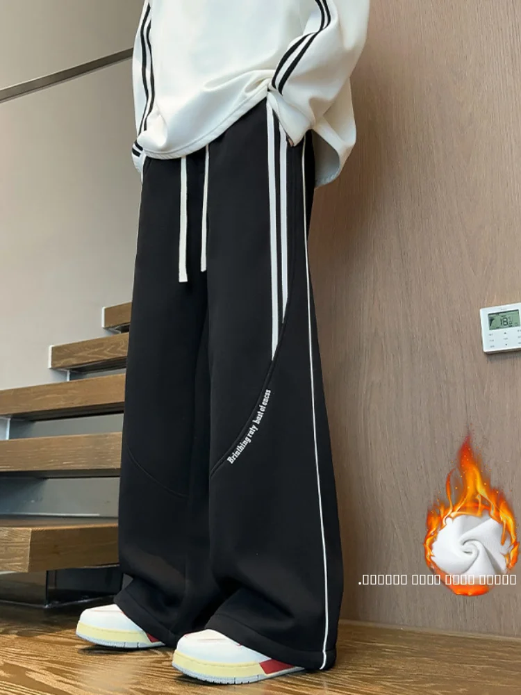 

Мужские повседневные брюки прямого кроя на флисовой подкладке, осенне-зимние, новые, молодежные, с полосатыми вставками, спортивные, свободного кроя