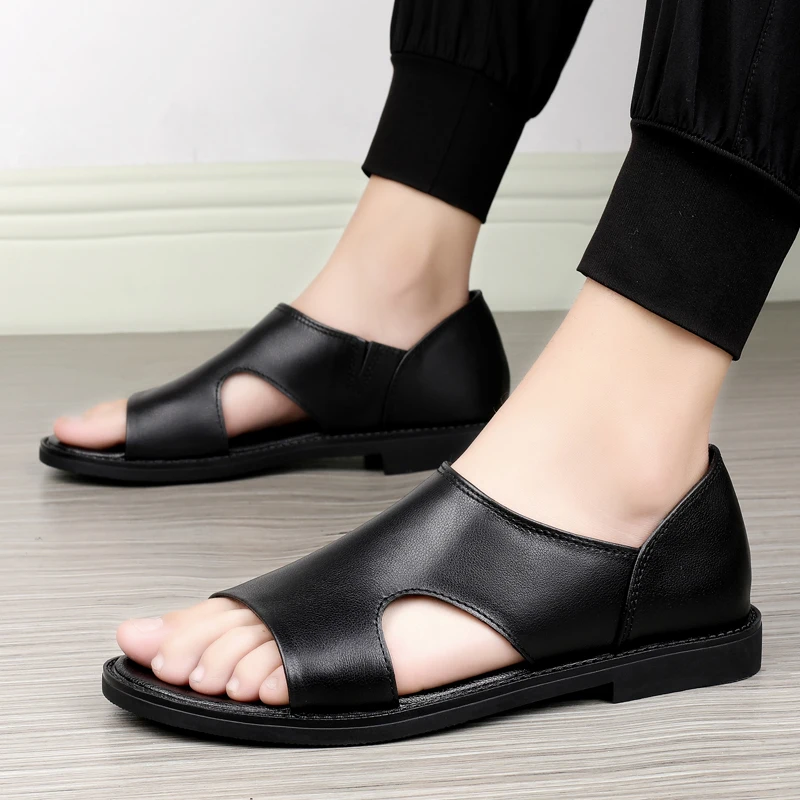 Trend Men Genuine Leather Sandals Summer Breathable Leather Casual Sandals Fashion Flats Lightweight Sandals Business Shoes