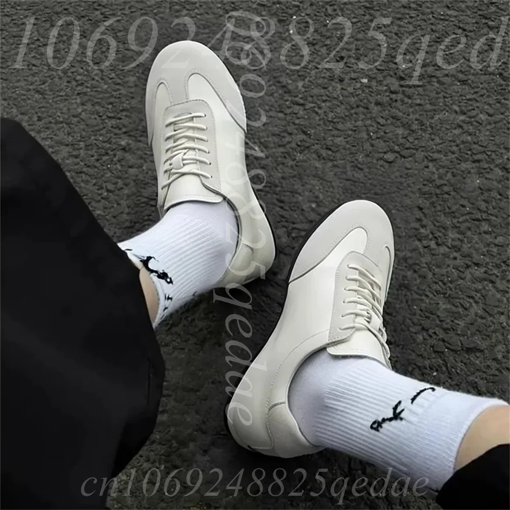 Men's White Leather Suede Patchwork Lace up Sneakers Flat Sole Round Toe Casual Retro Driving Shoes Daily Footwear for Gentlemen