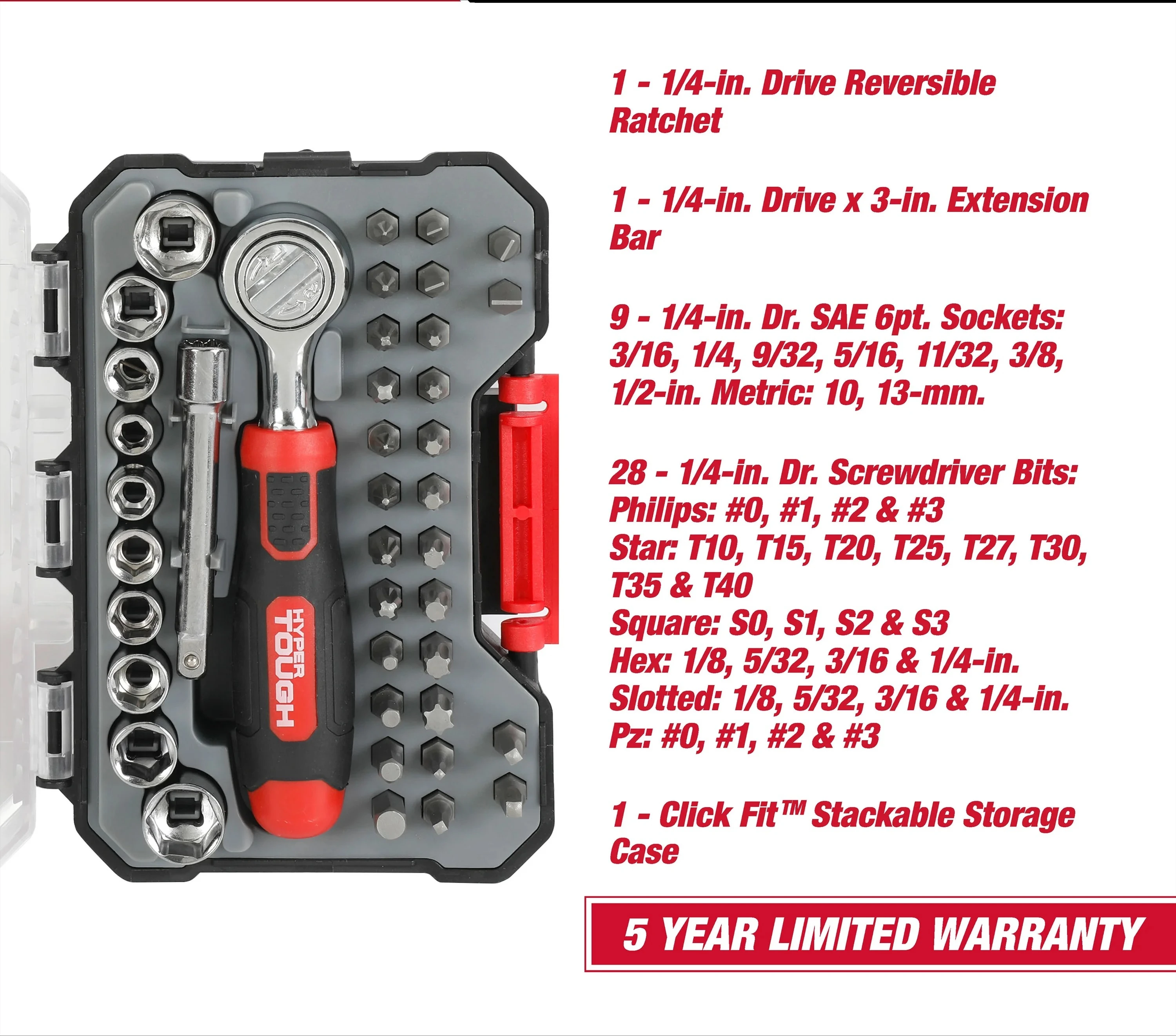 1 Pack  40 Pieces Mechanics Ratchet Tool Kit Sockets And Screwdriver Bits Securely Stored In Click Fit Hard Shell Case