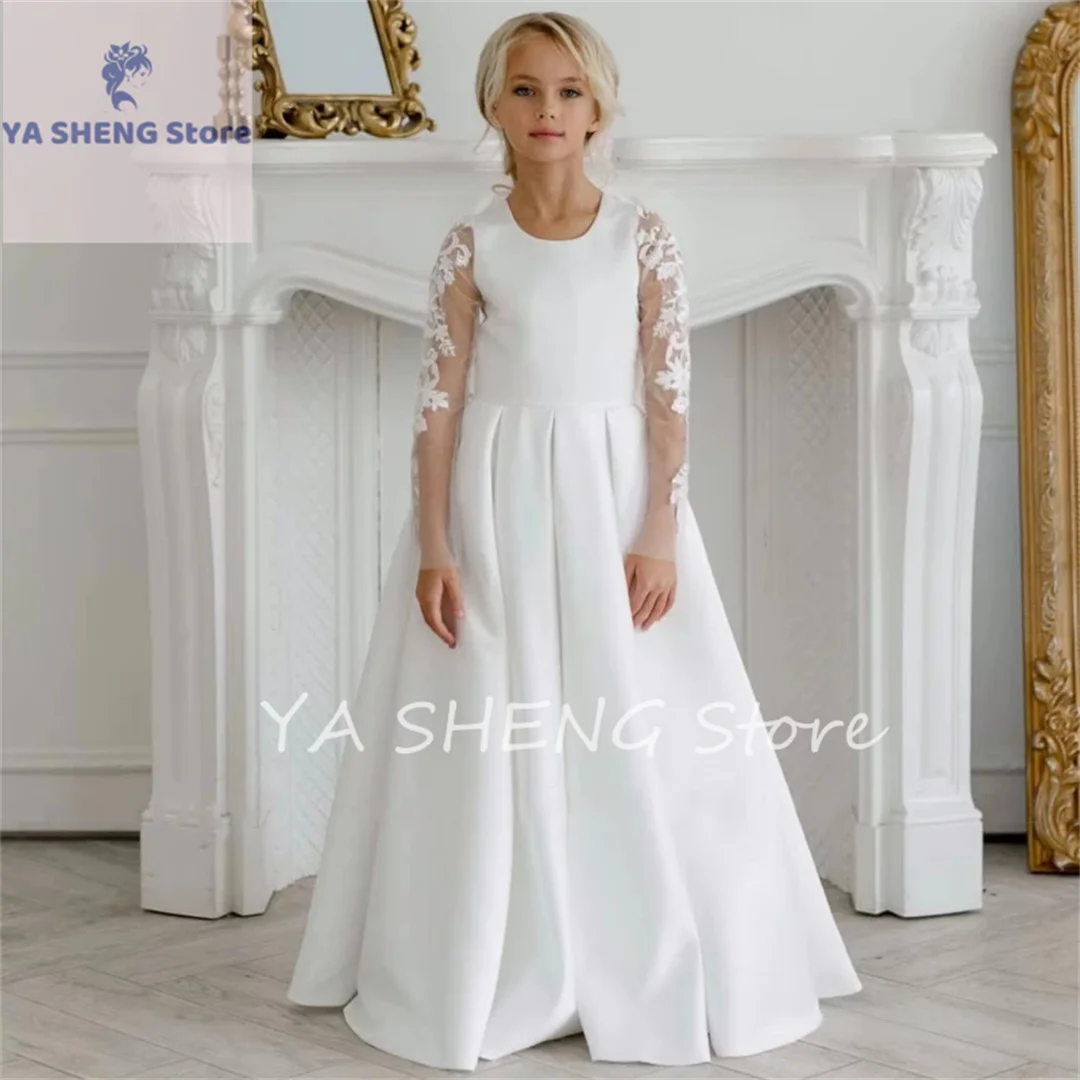 customized Flower Girl Dresses White Satin Appliques With Bow Long Sleeve For Wedding Birthday Banquet Holy Communion Gowns