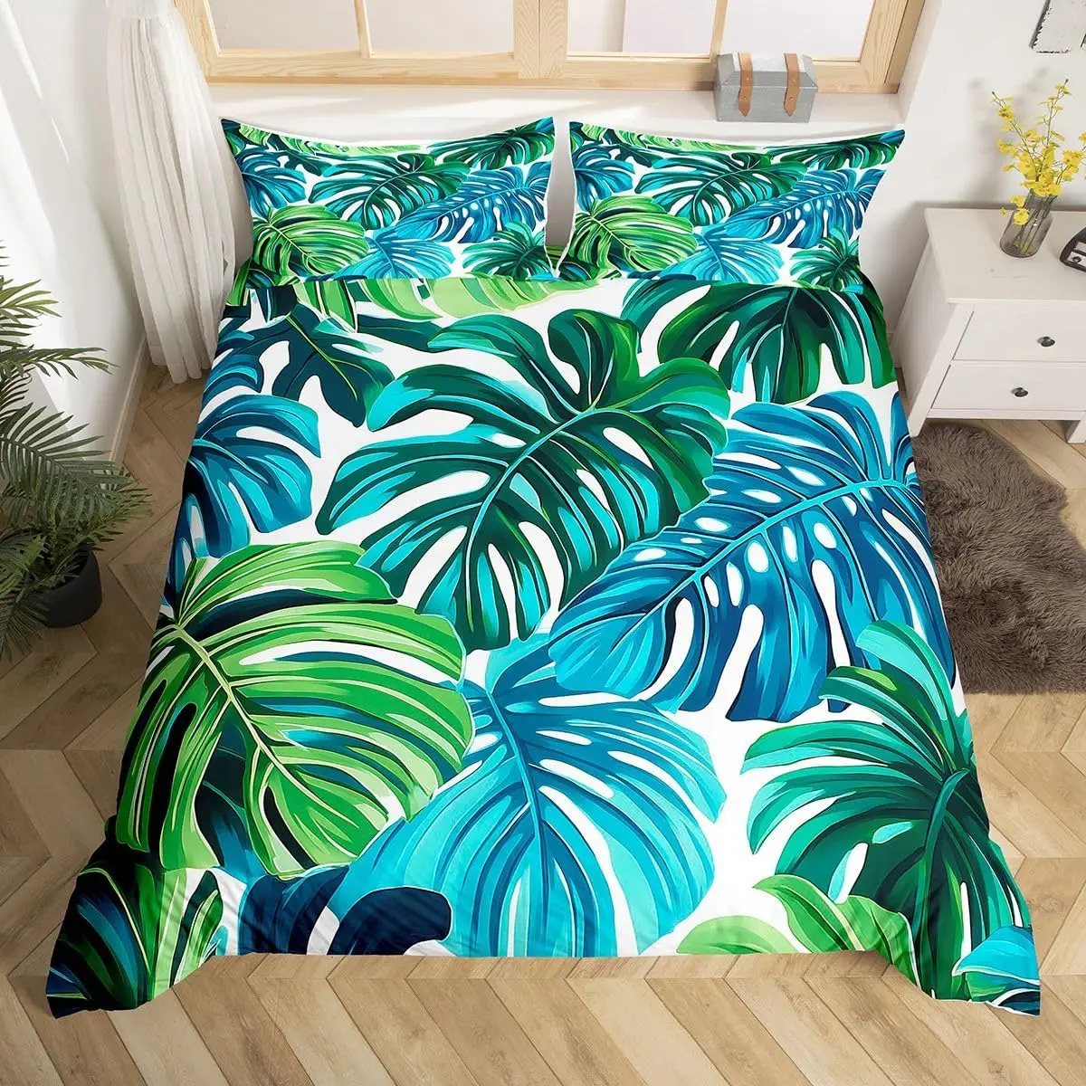 Palm Leaves Duvet Cover Twin King Size Hawaiian Tropical Leaves Bedding Set Jungle Botanical Leaf Comforter Cover for Kids Adult