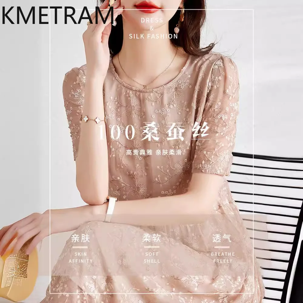 KMETRAM-vestidos de seda de morera bordados para mujer, vestidos largos elegantes de lujo para mujer, ropa femenina de verano, 100%