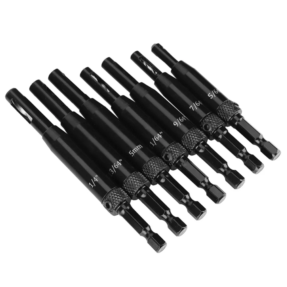7pcs Spring Loaded Self Centering Drill Bit Set 1/4 Inch Hex Shank Black Coated Center Drill Bits Set